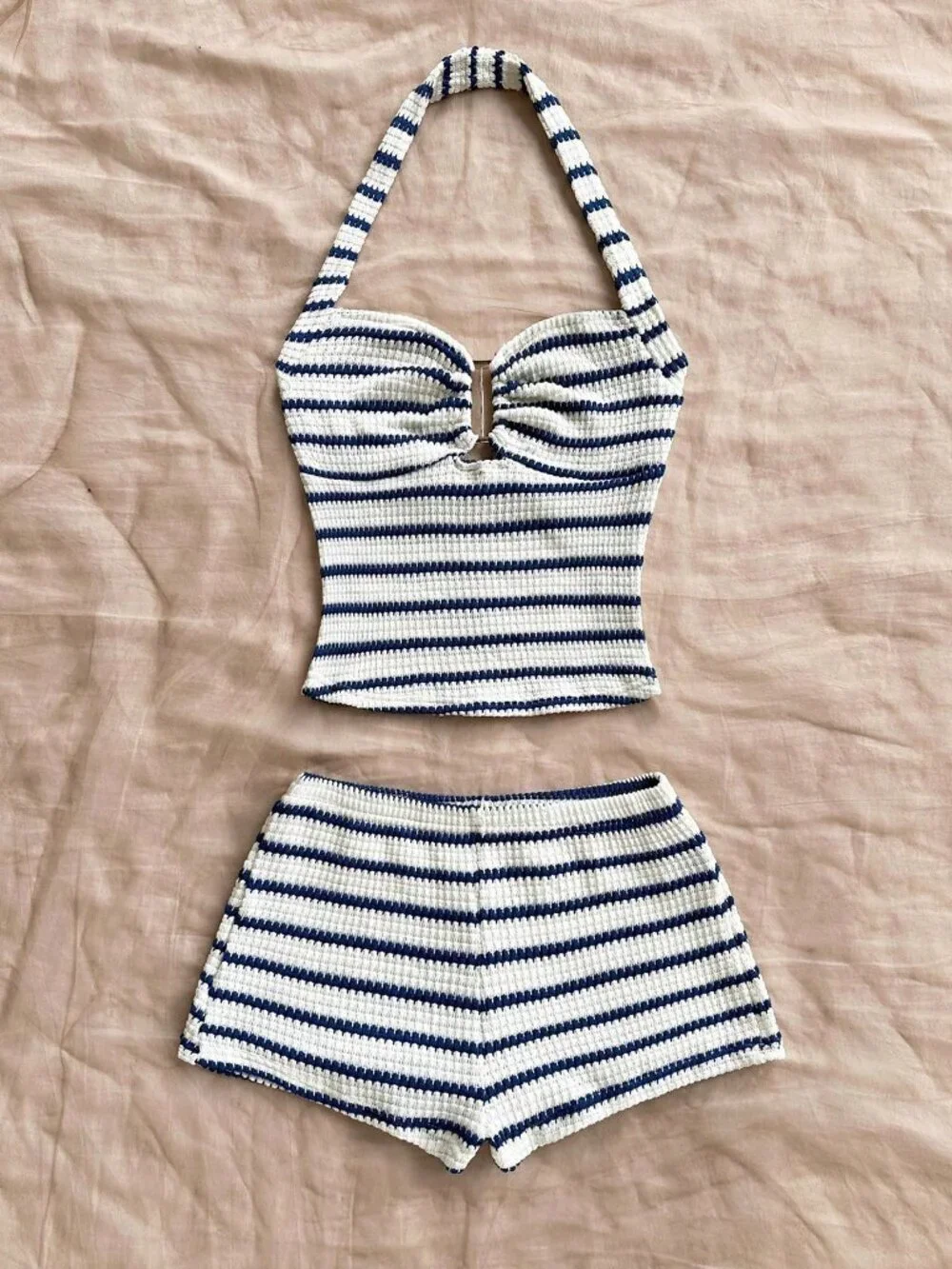 Blue And White Casual Women's Vacation Striped Halter Top And Shorts coord Set